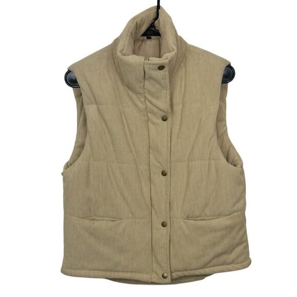Beige Corduroy Cropped Puffer Vest With Snap Buttons & Front Pockets, Medium - Picture 1 of 7